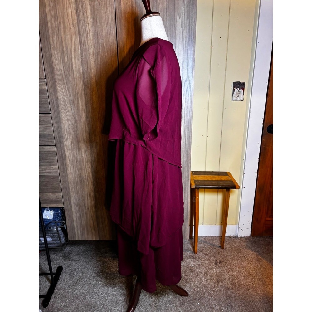 297. Burgundy Tiered Chiffon Flutter Sleeve Midi Dress 1XL Asymmetrical Layered - Picture 4 of 5